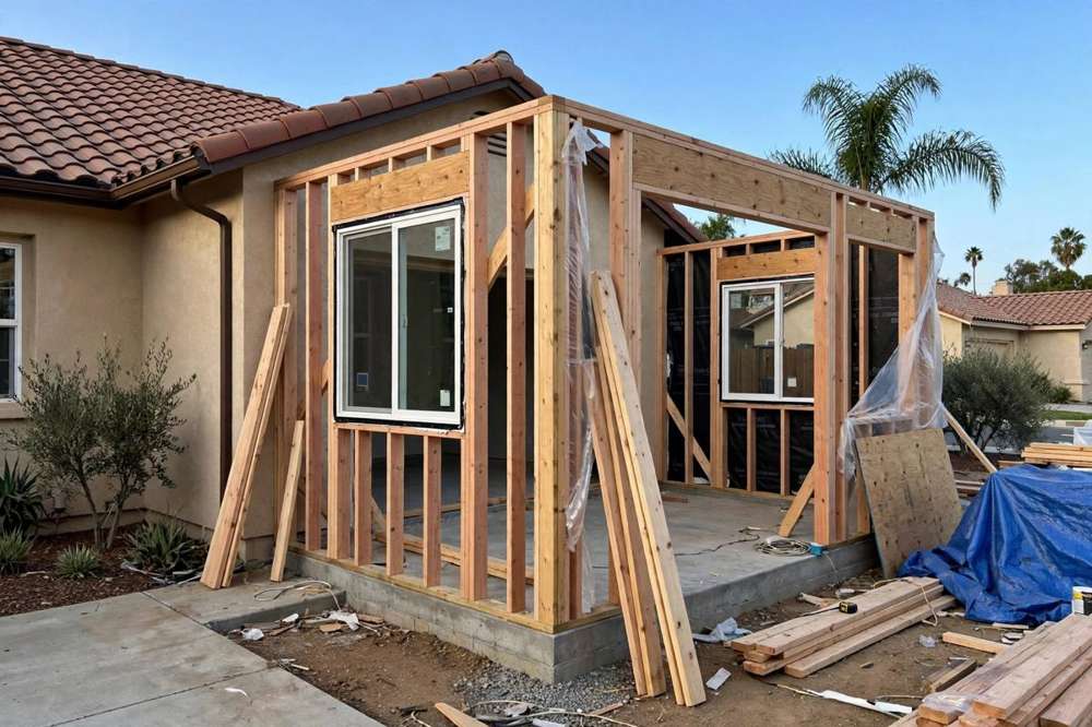 Suburban house undergoing major renovation with scaffolding and building materials
