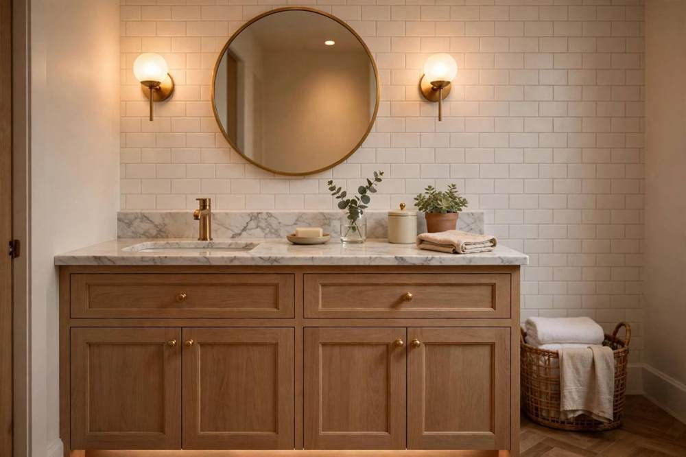Bathroom vanity with sinks, mirrors, and storage in a San Fernando bathroom remodel.