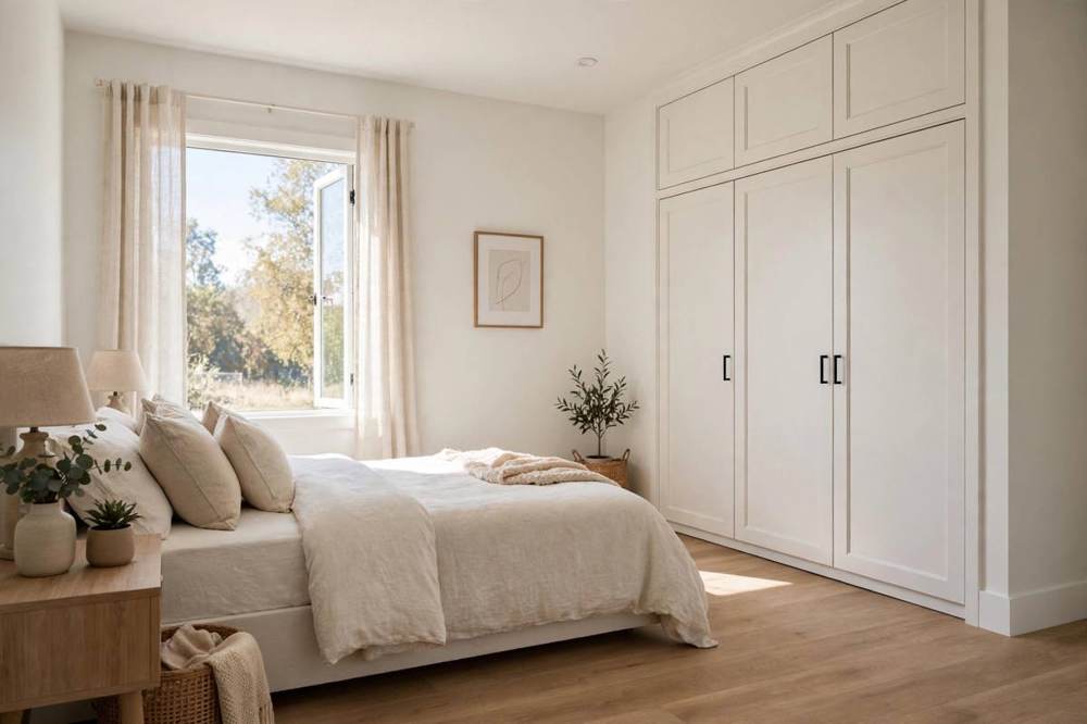 Remodeled bedroom with rebuilt closet storage, soft lighting, and new flooring in a San Fernando home.