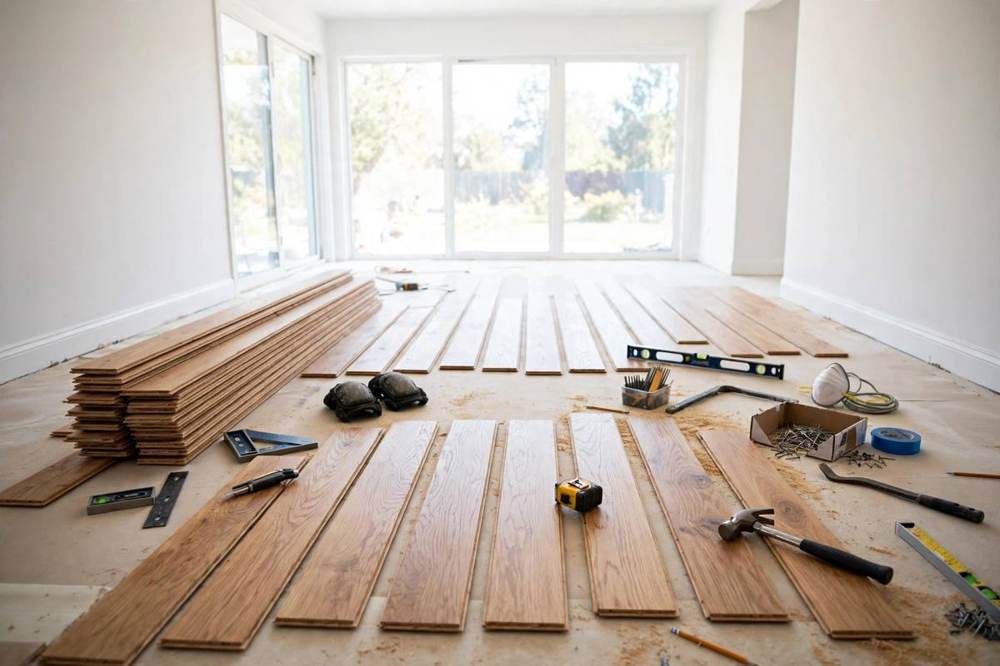 New flooring being installed across a room in a San Fernando home remodel.