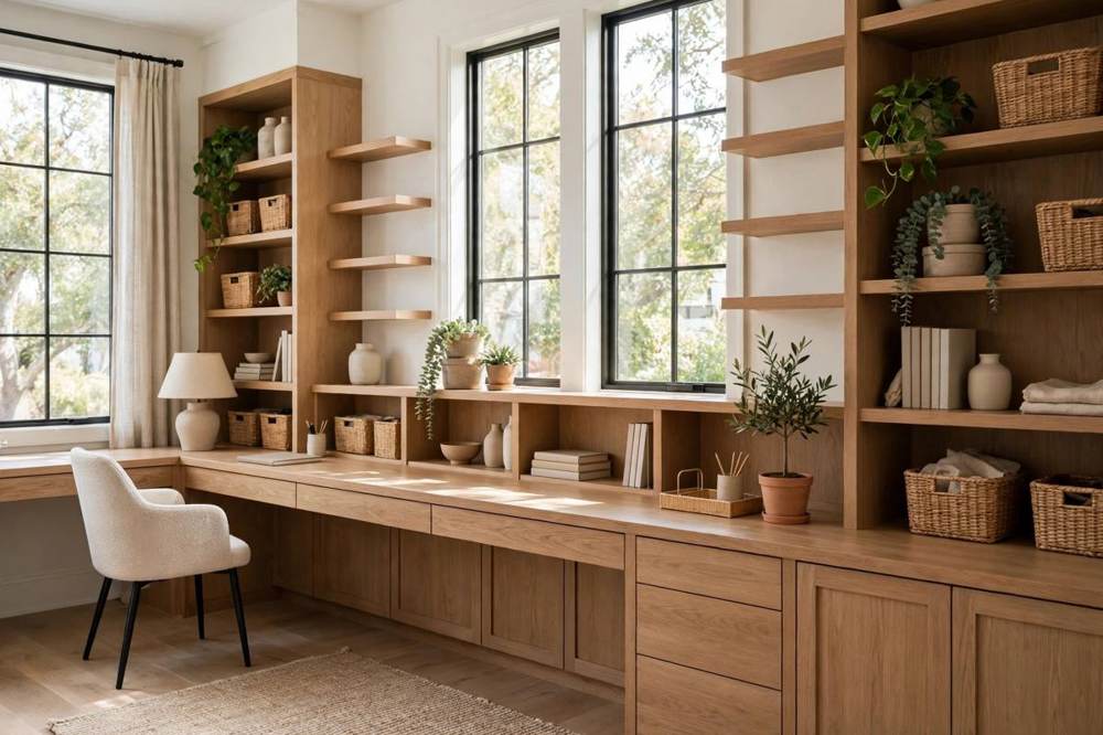 Remodeled home office with a desk, built-in shelving, and layered lighting in a San Fernando home.