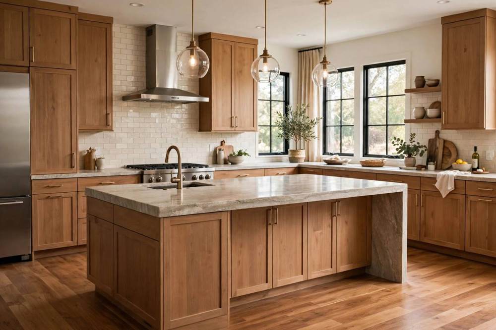 Kitchen island with seating and storage in a San Fernando kitchen remodel.