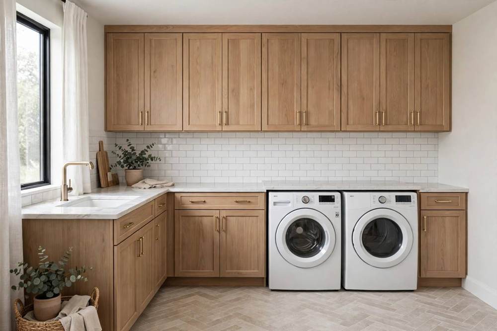 Remodeled laundry room with machines, folding surface, and wall storage in a San Fernando home.