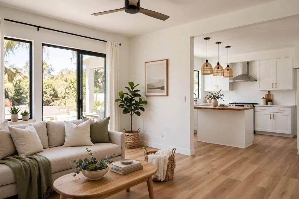 Renovated living room with new flooring, layered lighting, and built-in storage in a San Fernando home.