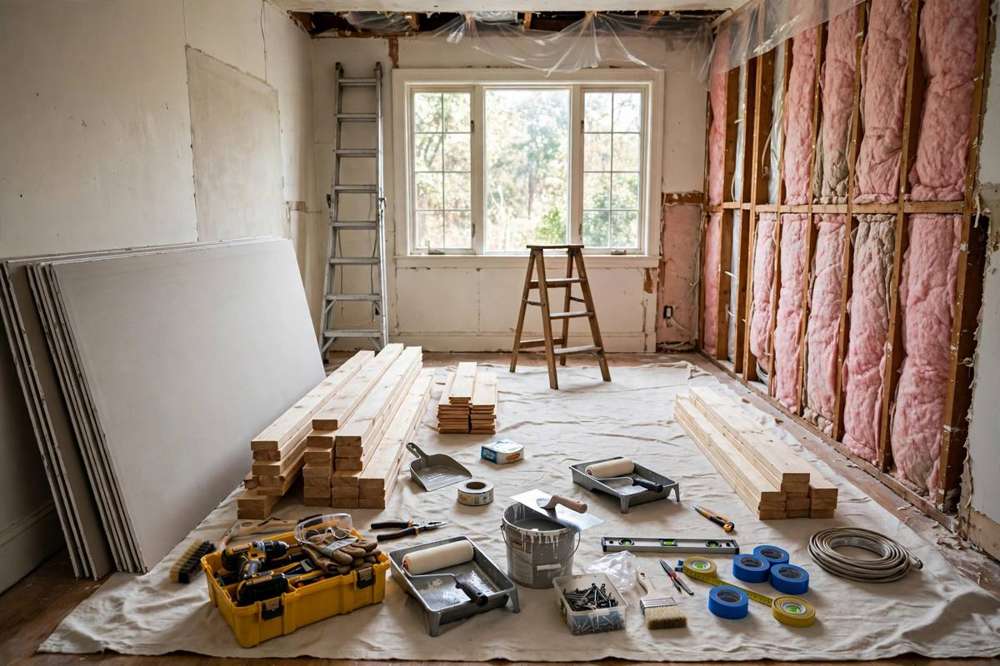 Sunlit room under renovation with construction materials and tools